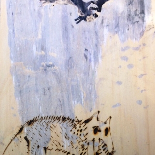 Night animals//monotype and hot pencil on wood//20x30//201//sold