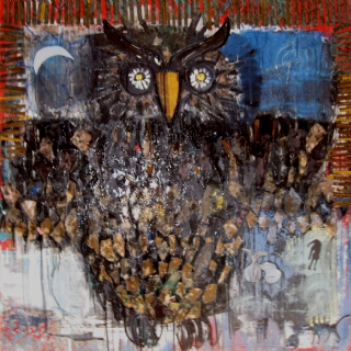 Owl//oil and collage on canvas//100x100//2009